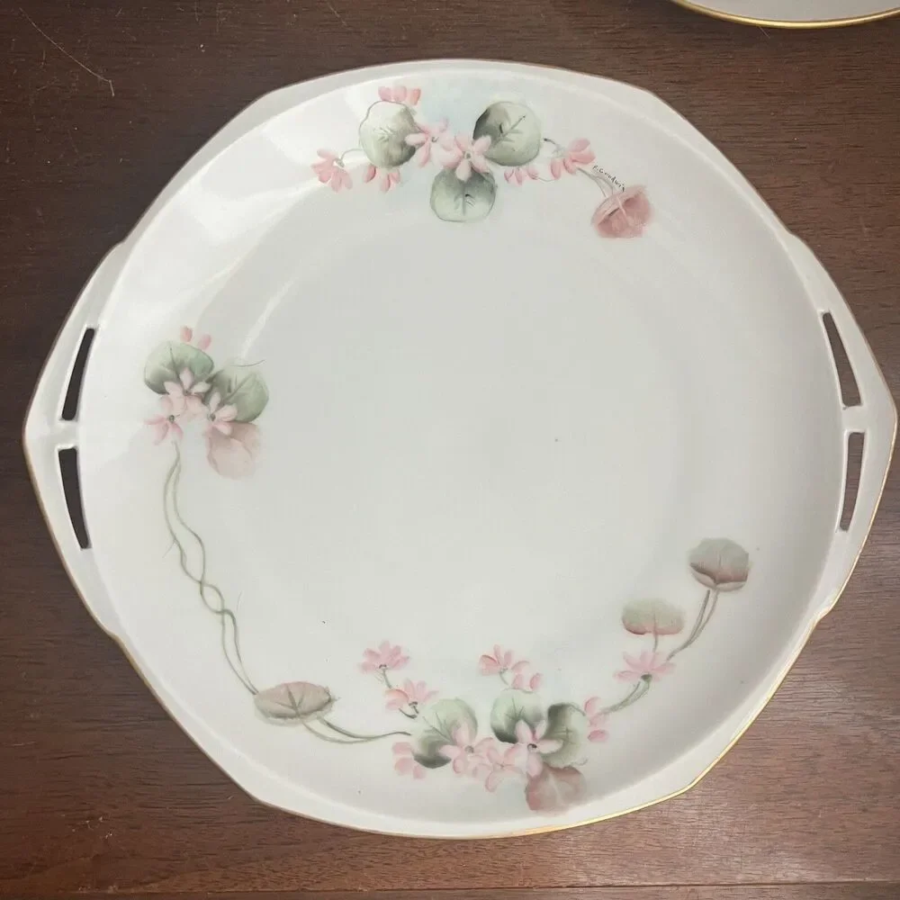 Vintage Hand Painted 2 Round Serving Platters w Handles 1 Bowl Pink Floral Sign